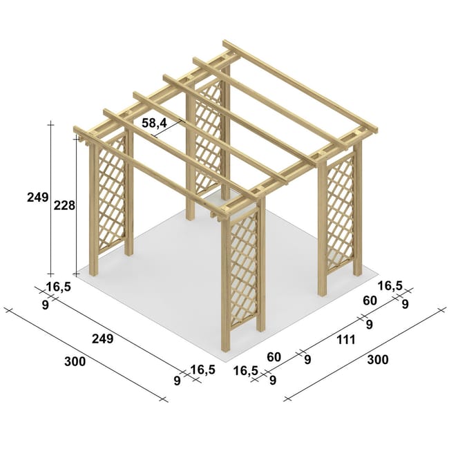 Pergola Melon con griglie in legno struttura naturale L 300 x P 300 x H 249 cm - immagine 2