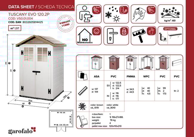 Casetta da giardino con pavimento GAROFALO Tuscnay EVO M in pvc beige con porta doppio battente, superficie interna 1.35 m² e spessore parete 20 mm - immagine 2