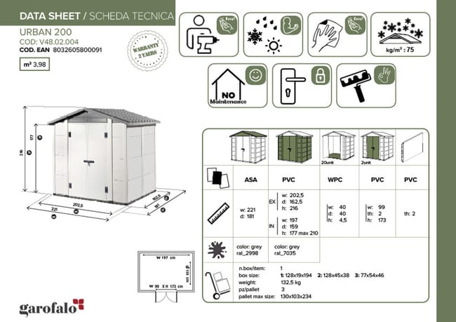 Casetta da giardino con pavimento GAROFALO Urban L in pvc grigio con porta doppio battente, superficie interna 3.13 m² e spessore parete 20 mm - immagine 2