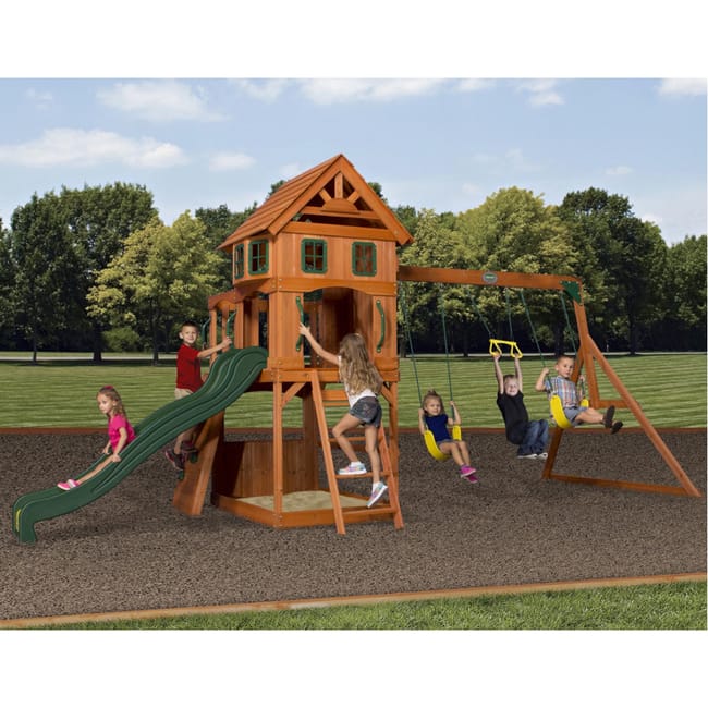 Backyard Discovery Atlantic Parco giochi | Incl altalene / scivolo / sabbiera / parete di arrampicata | Casetta con pavimento in legno per uso esterno - immagine 2