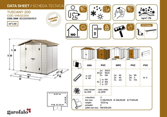 Casetta da giardino con pavimento GAROFALO Tuscany L in pvc beige con porta doppio battente, superficie interna 3.13 m² e spessore parete 20 mm - immagine 2