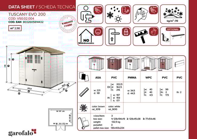 Casetta da giardino con pavimento GAROFALO Tuscnay EVO L in pvc beige con porta doppio battente, superficie interna 3.13 m² e spessore parete 20 mm - immagine 2