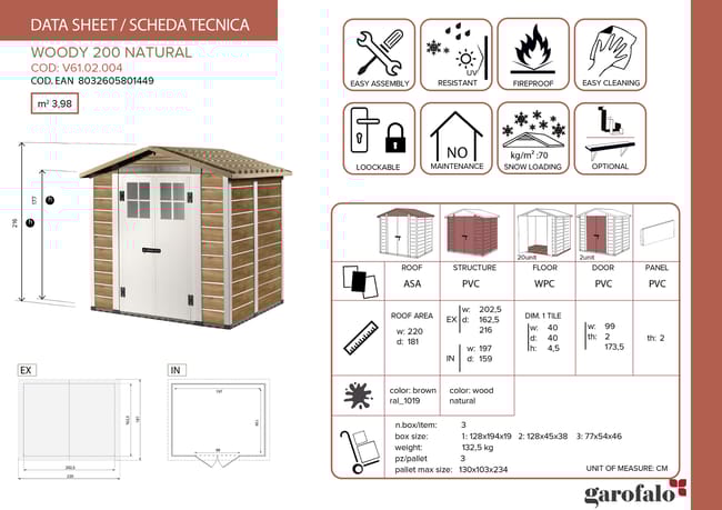 Casetta da giardino con pavimento GAROFALO Woody L in pvc marrone con porta doppio battente, superficie interna 3.13 m² e spessore parete 20 mm - immagine 3