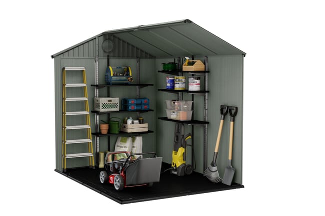 Casetta da giardino con pavimento KETER DARWIN 6X8 in polipropilene verde con porta doppio battente, superficie interna 4.5 m² e spessore parete 16 mm - immagine 7