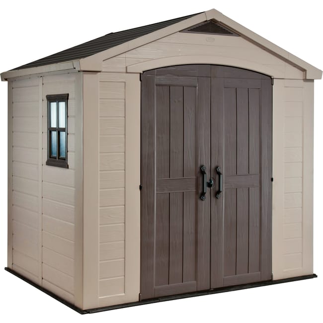 Casetta da giardino con pavimento KETER Factor in polipropilene tortora con porta doppio battente, superficie interna 3.83 m² e spessore parete 16 mm
