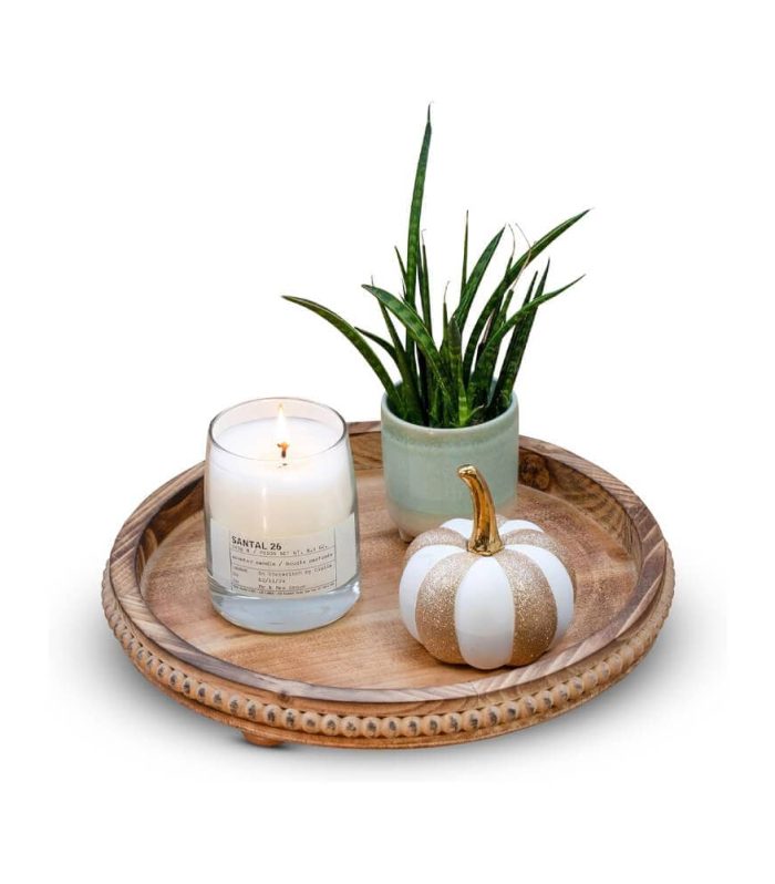 12 Inch Round Wood Tray, Whie Washed Wooden